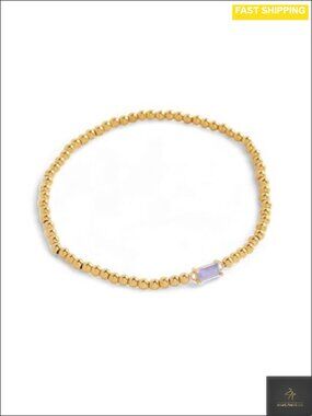 Stretch Beaded Birthstone Bracelet Cubic Zirconia 18K Gold Plated Steel